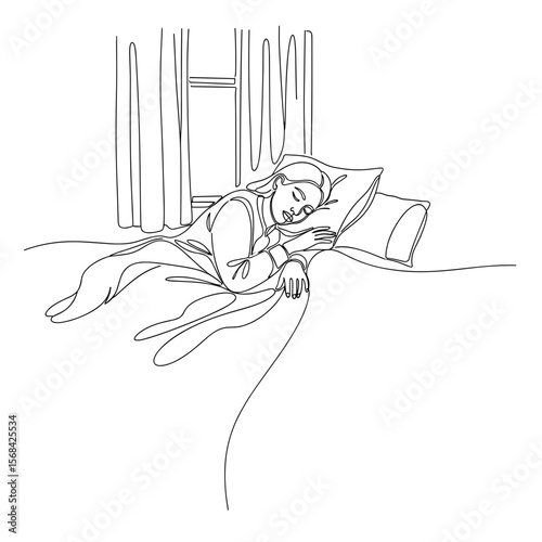 Sleeping child rests peacefully on bed beside window in morning  