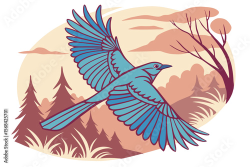 watercolor painting, bird in flight, blue feathers, wings spread, dynamic composition, vibrant colors, textured background, natural scenery