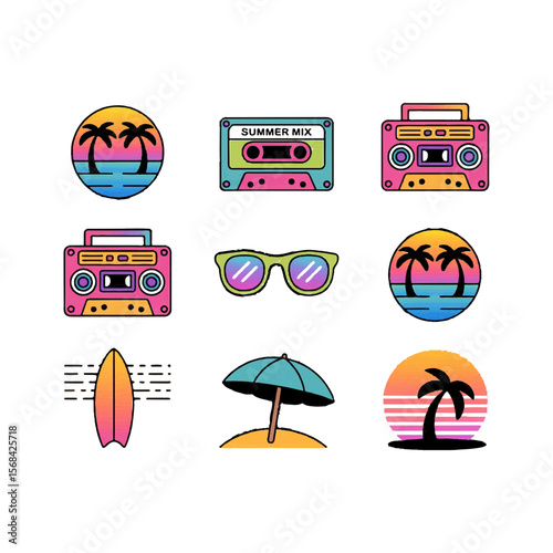 summer retro beach vibe icon set