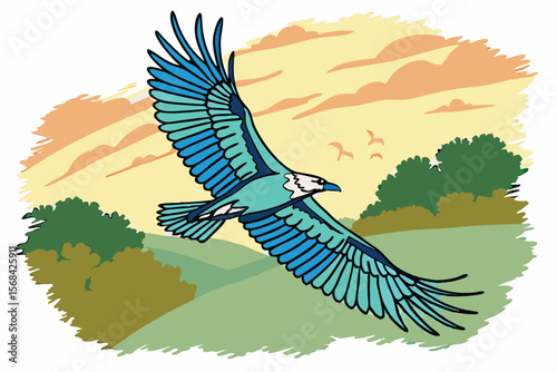 watercolor painting, bird in flight, blue feathers, wings spread, dynamic composition, vibrant colors, textured background, natural scenery
