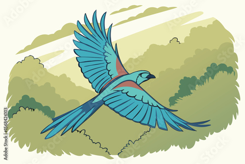 watercolor painting, bird in flight, blue feathers, wings spread, dynamic composition, vibrant colors, textured background, natural scenery