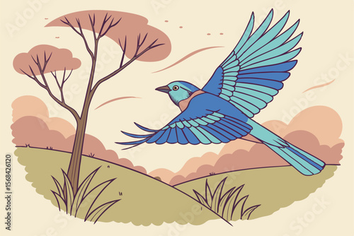 watercolor painting, bird in flight, blue feathers, wings spread, dynamic composition, vibrant colors, textured background, natural scenery