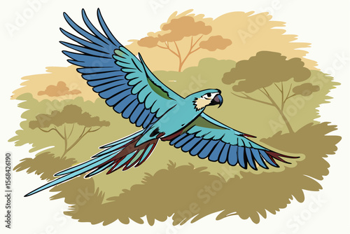 watercolor painting, bird in flight, blue feathers, wings spread, dynamic composition, vibrant colors, textured background, natural scenery