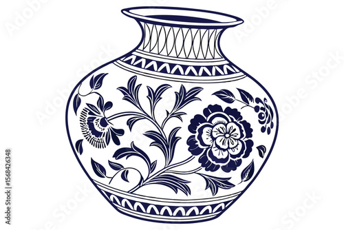 52 blue and white ceramic vase, floral patterns, traditional chinese style, intricate details, high contrast, detailed brush strokes, porcelain texture