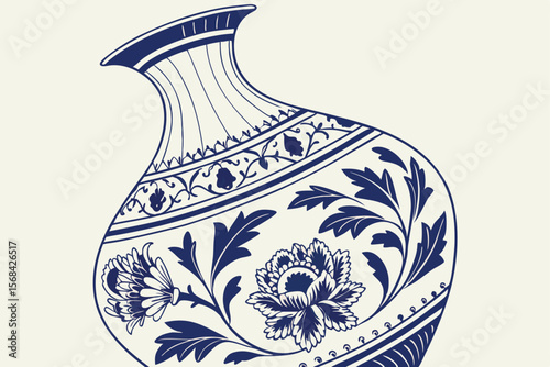 52 blue and white ceramic vase, floral patterns, traditional chinese style, intricate details, high contrast, detailed brush strokes, porcelain texture