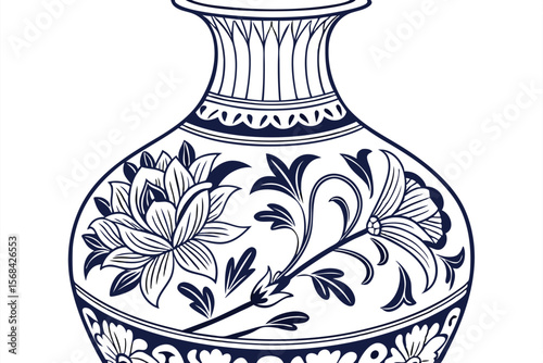 52 blue and white ceramic vase, floral patterns, traditional chinese style, intricate details, high contrast, detailed brush strokes, porcelain texture