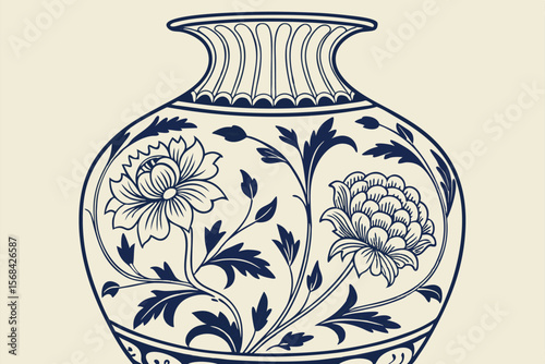 52 blue and white ceramic vase, floral patterns, traditional chinese style, intricate details, high contrast, detailed brush strokes, porcelain texture