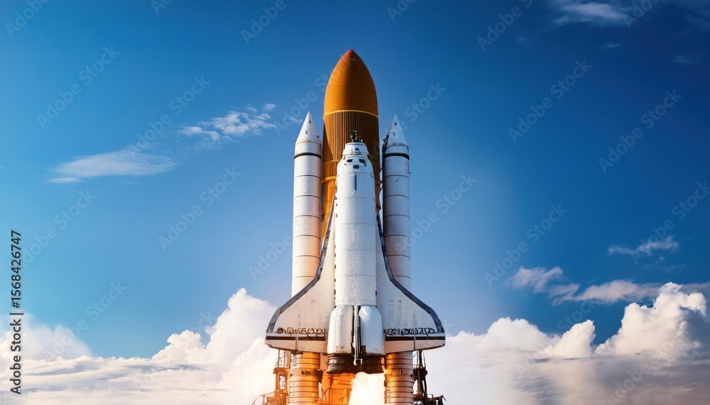 Obraz premium Space Rocket Ready for Launch, Realistic Panoramic Close-Up of Sky Background