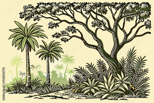 53 detailed botanical illustration, tropical forest, palm trees, rain forest, foliage, lush vegetation, detailed rendering, botanical art, intricate, precise, detailed, high resolution, digital art
