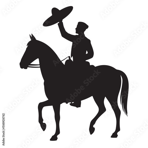 Dynamic silhouette of a cowboy on horseback, an equestrian sport illustration in black and white