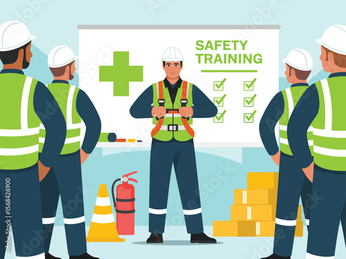 Industrial Safety Training Cartoon – Workers in Classroom with Instructor Demonstrating High Visibility Vests and Emergency Equipment for Workplace Safety and Compliance