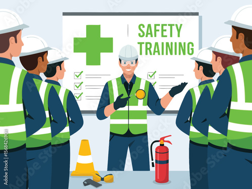 Industrial workers attending safety training session with instructor demonstrating high visibility vest and emergency equipment in classroom setting cartoon