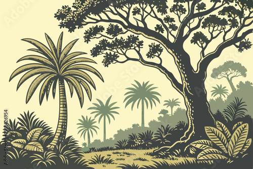 53 detailed botanical illustration, tropical forest, palm trees, rain forest, foliage, lush vegetation, detailed rendering, botanical art, intricate, precise, detailed, high resolution, digital art