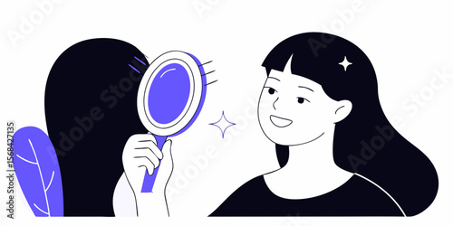 Woman Brushing Hair and Looking in Mirror