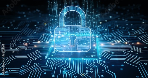 Glowing digital padlock symbolizes data security, hovering above a complex network of luminous light trails and intricate circuit board patterns.