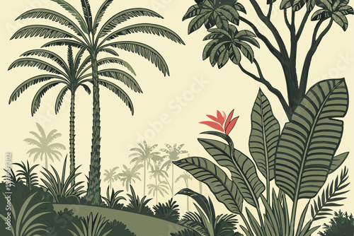 53 detailed botanical illustration, tropical forest, palm trees, rain forest, foliage, lush vegetation, detailed rendering, botanical art, intricate, precise, detailed, high resolution, digital art