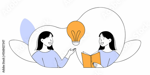 Two women sharing ideas with book and light bulb, minimal flat style illustration symbolizing creativity and knowledge exchange