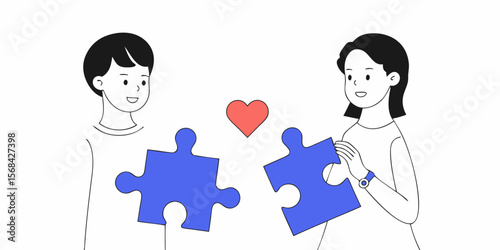 Two people holding puzzle pieces with heart symbol, minimal flat style illustration representing connection and teamwork