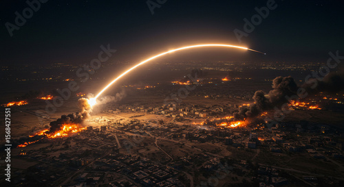“An Iranian ballistic missile mid-flight leaving a bright trail across the sky, with a war-torn city below, apocalyptic mood”

