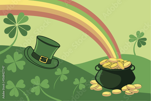 high-quality, detailed, digital painting, vibrant colors, shamrocks, leprechaun hat, gold coins, pot of gold, St. Patrick's Day theme, green gradient background, fantasy, whimsical, award-winning c