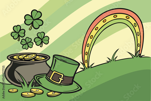 high-quality, detailed, digital painting, vibrant colors, shamrocks, leprechaun hat, gold coins, pot of gold, St. Patrick's Day theme, green gradient background, fantasy, whimsical, award-winning c