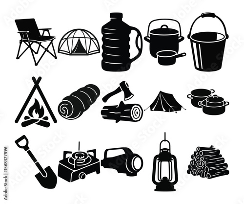 A set of camping equipment silhouettes including a tent chair and cooking tools on white background