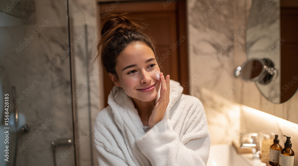 Fototapeta premium Young woman enjoying her morning skincare, applying moisturizer in cozy home bathroom face care, beauty treatment, smooth skin, bathroom elegance, personal care, beauty and wellnes
