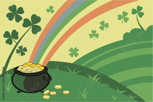 high-quality, detailed, digital painting, vibrant colors, shamrocks, leprechaun hat, gold coins, pot of gold, St. Patrick's Day theme, green gradient background, fantasy, whimsical, award-winning c