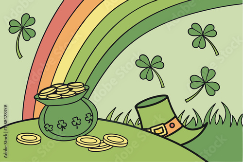A green leprechaun hat with a shamrock design, overflowing with golden coins and surrounded by more coins, a leprechaun's boot, and a treasure chest filled with gold, cinnabar, emerald, and other v