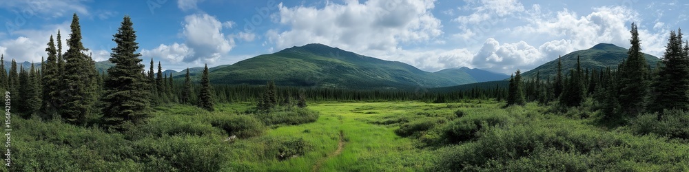 Panoramic view of lush green valley with mountain range under blue sky Panoramic view of lush green valley with mountain range under blue sky