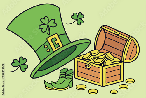 A green leprechaun hat with a shamrock design, overflowing with golden coins and surrounded by more coins, a leprechaun's boot, and a treasure chest filled with gold, cinnabar, emerald, and other v