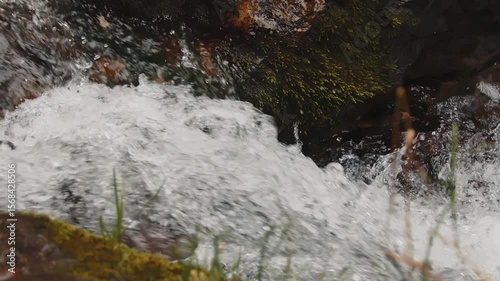 A stormy mountain river, a powerful stream flows down the boulders.