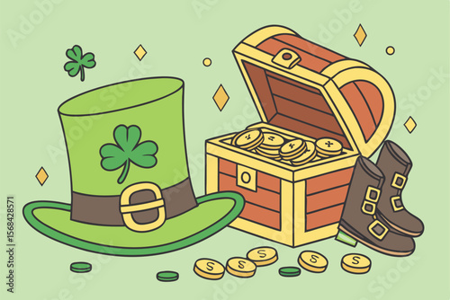 A green leprechaun hat with a shamrock design, overflowing with golden coins and surrounded by more coins, a leprechaun's boot, and a treasure chest filled with gold, cinnabar, emerald, and other v
