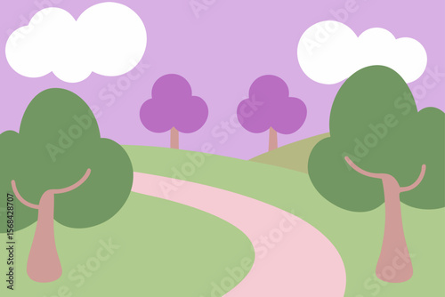 Flat Meadow Landscape with Bushy Trees and Winding Trail