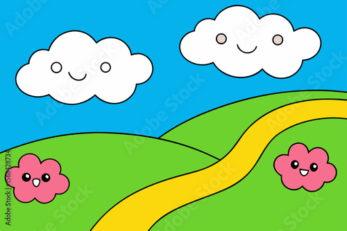 Curving Trail Hilly Grassland Fluffy Clouds