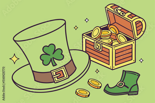 A green leprechaun hat with a shamrock design, overflowing with golden coins and surrounded by more coins, a leprechaun's boot, and a treasure chest filled with gold, cinnabar, emerald, and other v