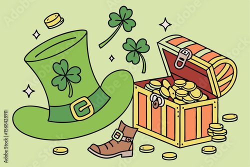 A green leprechaun hat with a shamrock design, overflowing with golden coins and surrounded by more coins, a leprechaun's boot, and a treasure chest filled with gold, cinnabar, emerald, and other v
