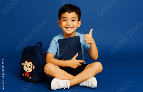 Young Boy Ready for School Thumbs Up and Holding Textbook