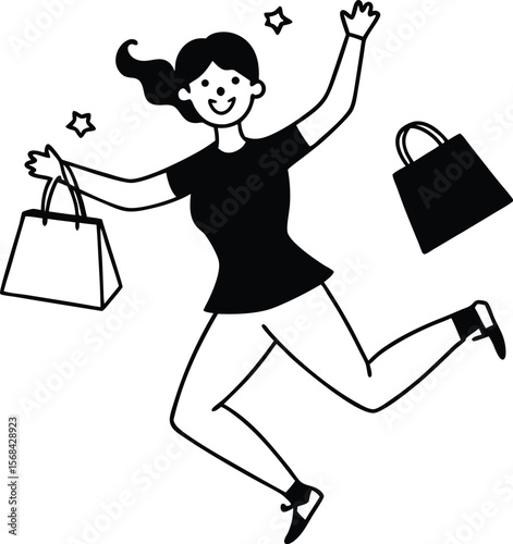 Happy Woman Shopping Spree Joyful Illustration of Retail Therapy