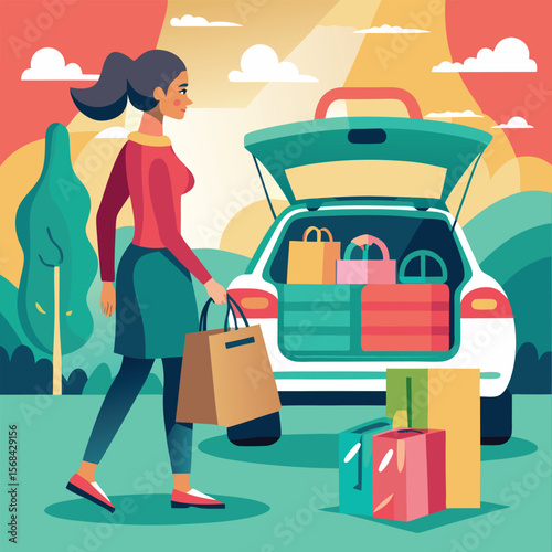 Woman Unloading Shopping Bags from Car Trunk After a Day of Retail Therapy
