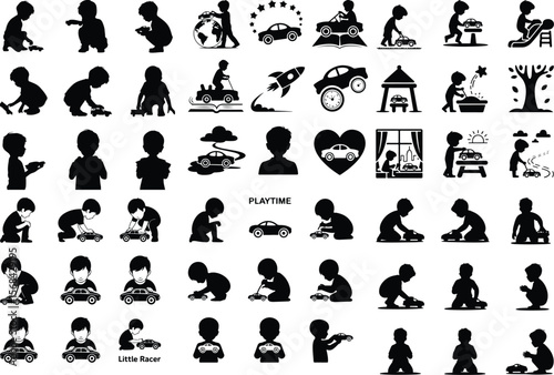 Toddler Playing with Toy Car Icon – Childhood Silhouette Pack Boy with Toy Car Silhouette Set – Cute Kids Playing Vector Icons
