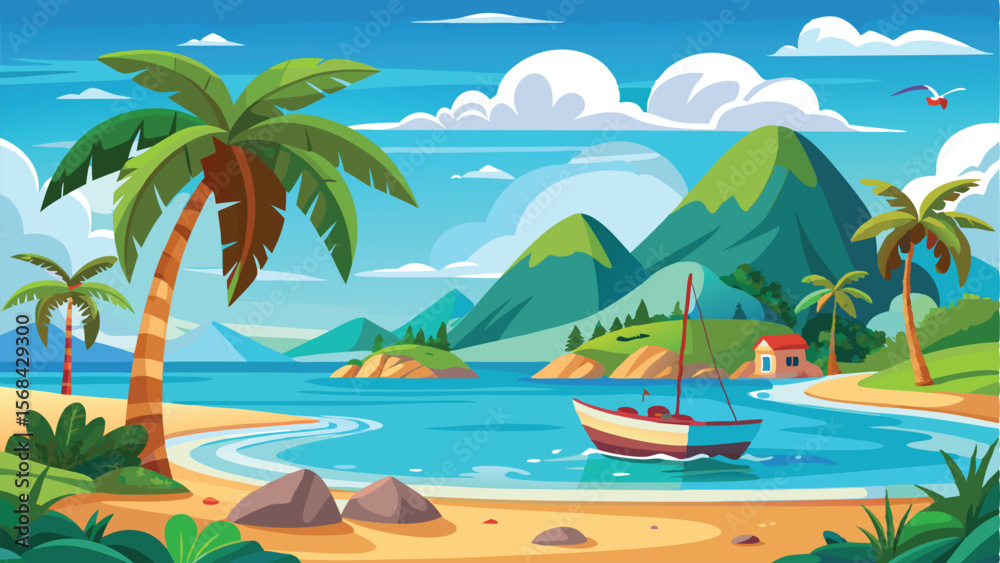 Obraz premium Tropical Beach Scene Illustration Palm Trees, Turquoise Water, Sailing Boat, and Green Mountains
