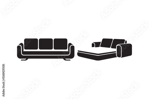 Black silhouette icons of a sofa and a sofa bed