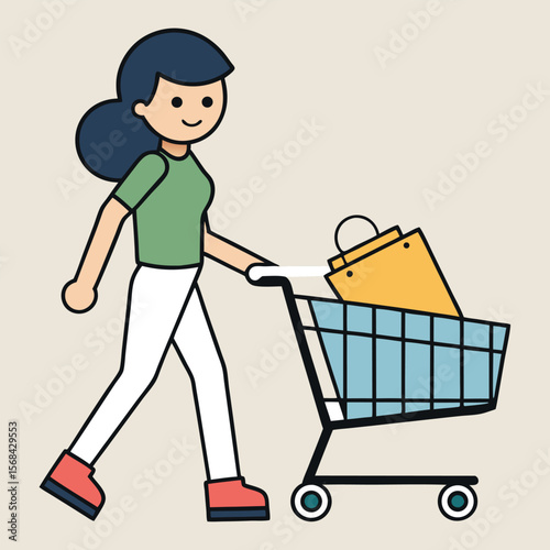 Woman Shopping with Cart Retail Therapy and Consumerism Illustration