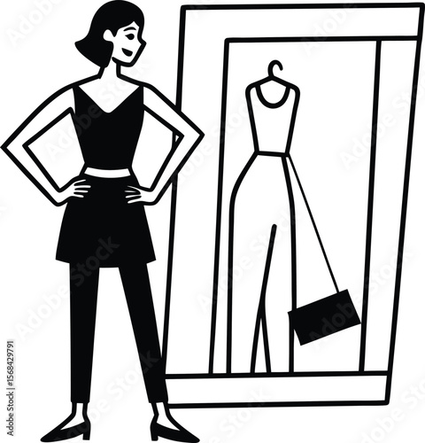 Woman Admiring Herself in a Mirror, Trying on Outfit and Accessories