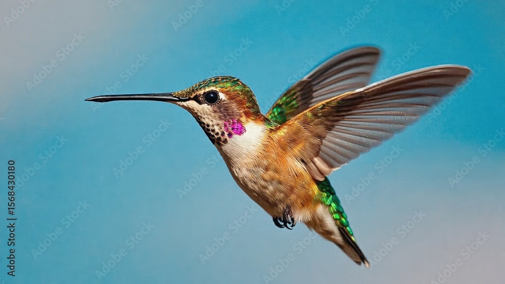 Obraz premium Vibrant hummingbird in flight against a clear blue sky