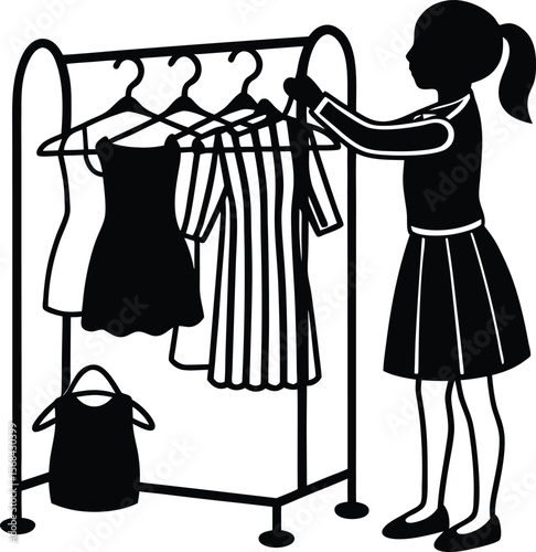Girl Organizing Clothes on a Clothing Rack A Simple Silhouette Illustration