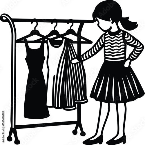 Girl Choosing Outfit Fashion Illustration of a Young Girl Selecting Clothes from a Clothing Rack