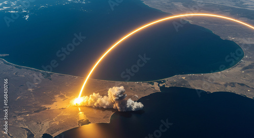 An Iranian ballistic missile rising above a desert horizon at sunrise, leaving behind a massive smoke trail”