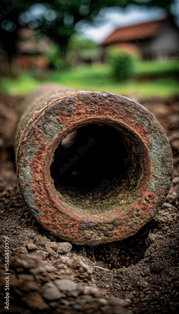 Close-up of a rusty, weathered pipe buried in soil with a blurred rural background Close-up of a rusty, weathered pipe buried in soil with a blurred rural background